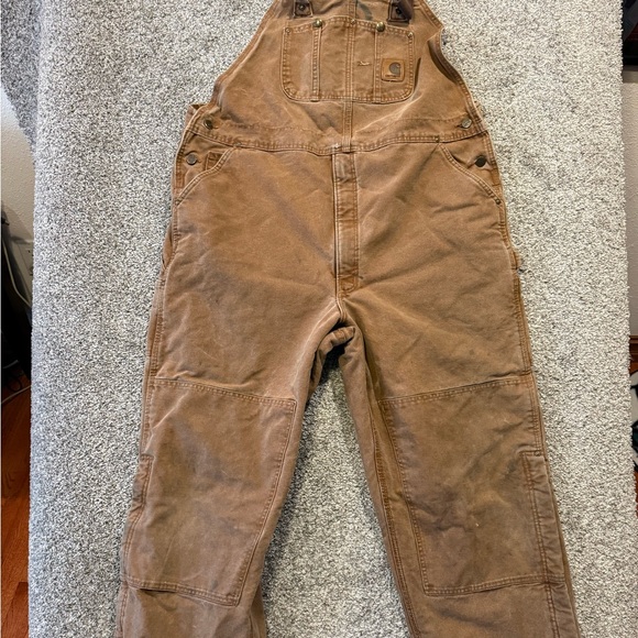 Carhartt Bib Overalls Mens 44x32 R27 BRN Lined Double Knee USA Made Duck Canvas* - Picture 1 of 15
